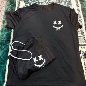 Black Smiley Face Short Sleeve Tee with Matching shorts